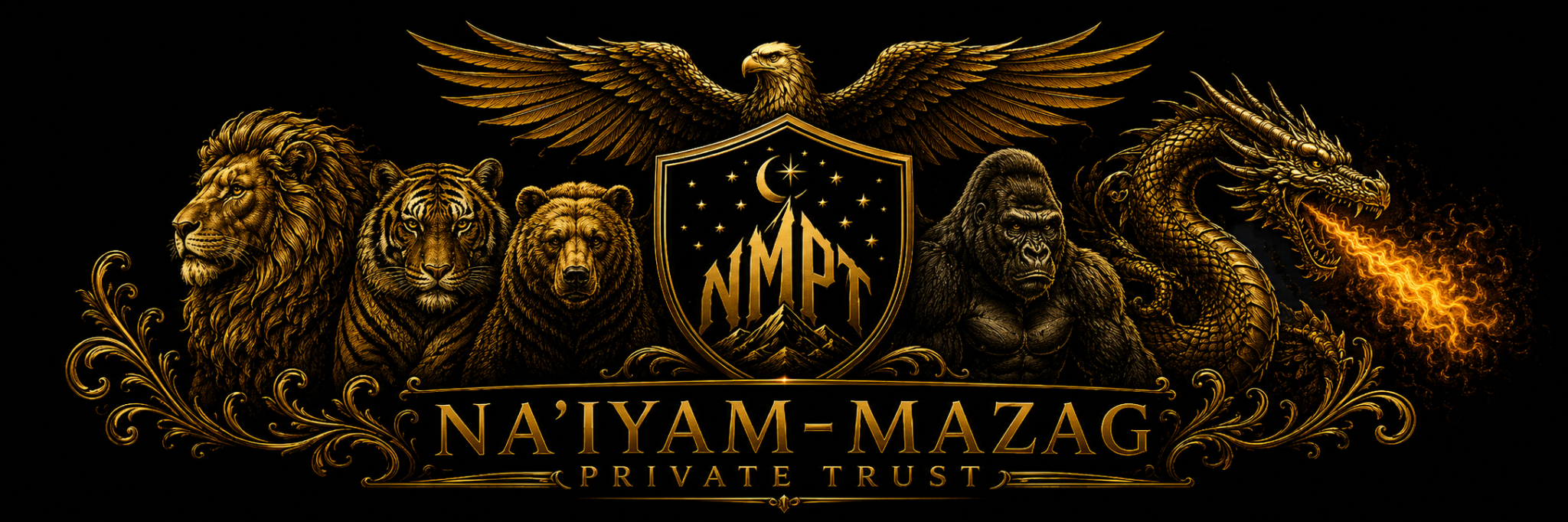 NA’IYAM-MAZAG Private Trust — lion, tiger, bear, gorilla, eagle and fire-breathing dragon surrounding the NMPT crest
